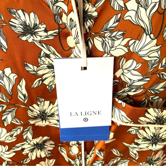 2X 🔖 LA LIGNNE x Target SOLD OUT Women's Floral Button Front Blouse Brown Silky - Picture 14 of 17